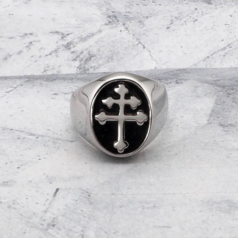 Vintage 316L Stainless Steel Silver Color Men's Classic Cross of Lorraine Signet Ring Jewelry For Friend Gift