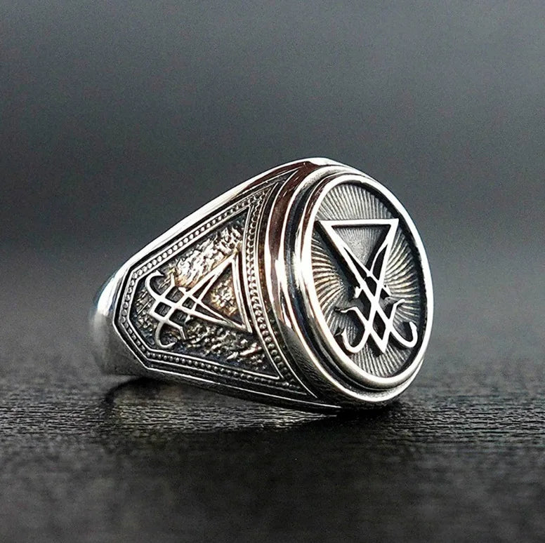 Vintage Gothic Lucifer Satan Signet Ring Fashion Punk Stainless Steel Seal Ring Men and Women Pagan Party Jewelry Gift Wholesale