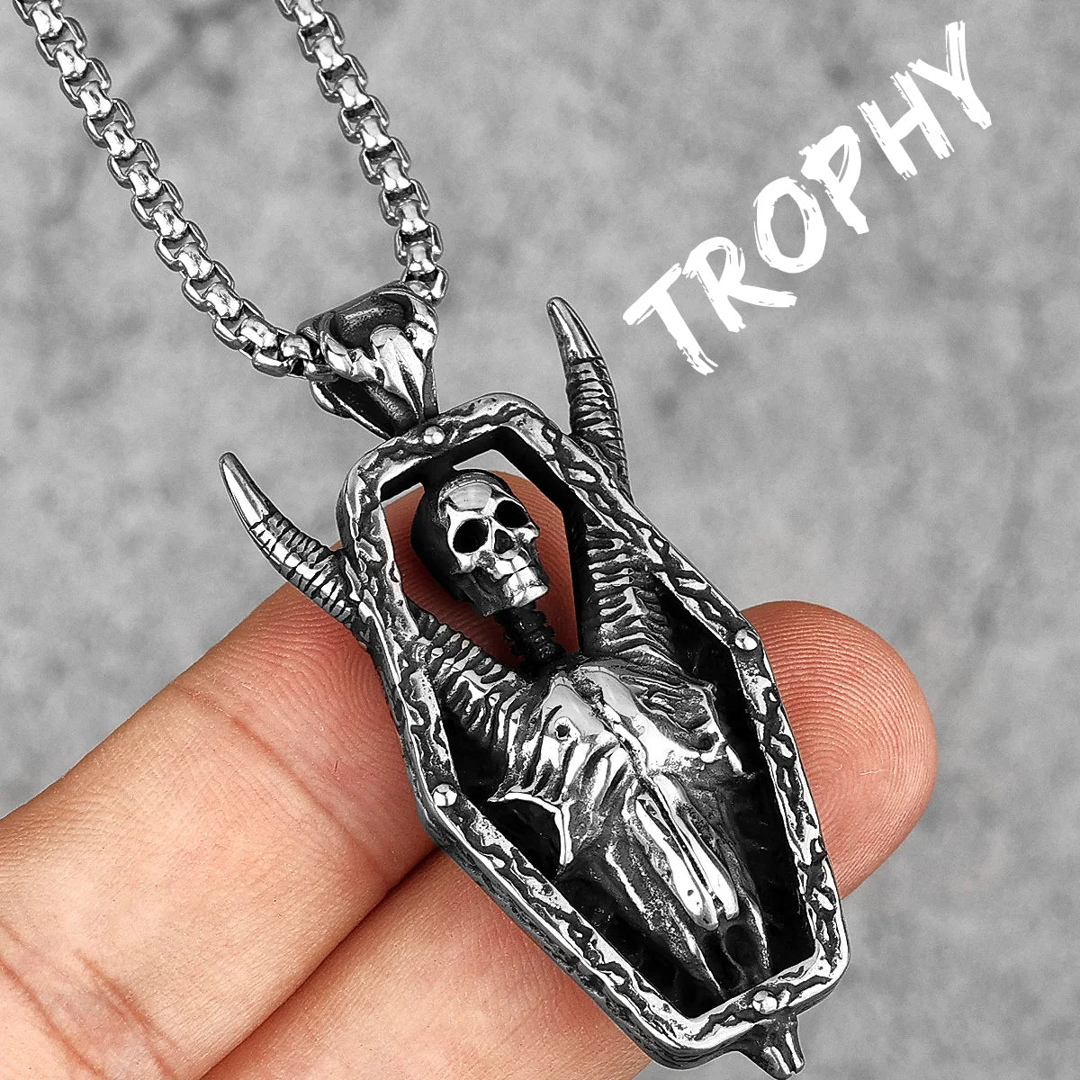Long Horn Demon Skull Pendant Necklace — Stainless