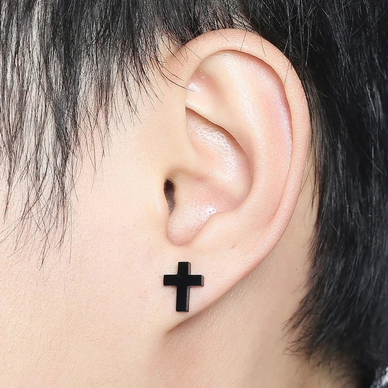 Cross Black Minimal Stud Earrings — Stainless Steel