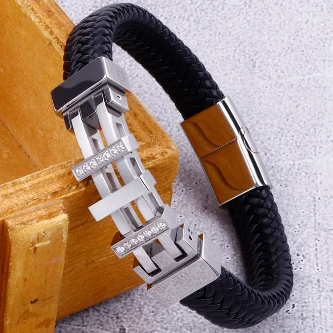 Rope Chain Wrap Leather Bracelet for Man Polished Stainless Steel Men's Charm Bracelets Handmade Male Jewelry Wrist On