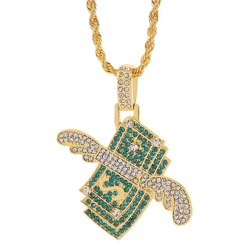 Flying Money Necklace Wings Cash Pendant Men's Jewelry Punk Hip Hop Rock Style Rap Dancer Handsome Guy Accessories Cool