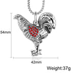 Rooster Pendant Necklace Red CZ Animal Portrait — Stainless Steel