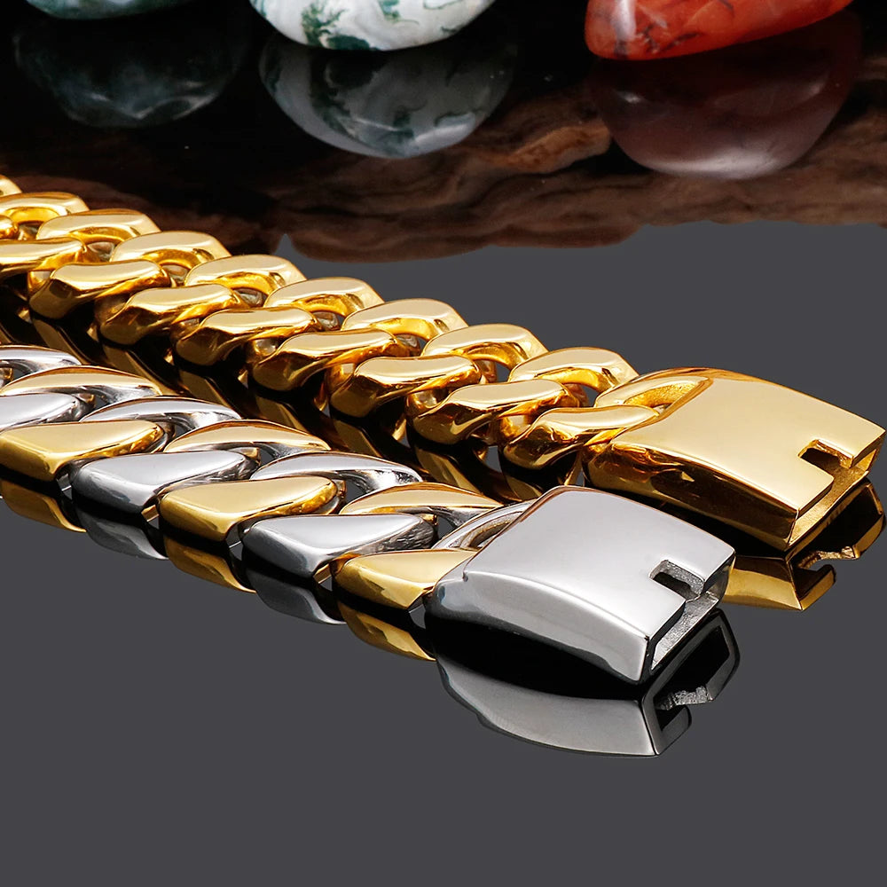 Polished Stainless Steel On Hand Accessories 20MM Wide Iron Men's Bracelet for Man Waterproof Gold Color Men‘s Jewelry