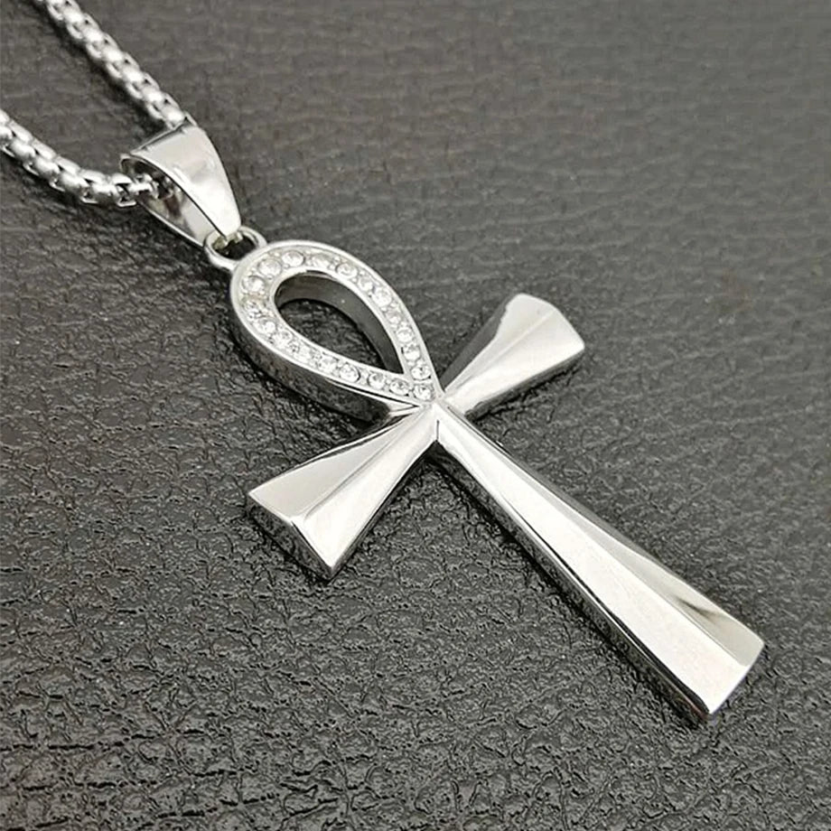 Egypt Iced Out Bling Ankh Cross Pendant Necklace For Women And Men Key of Life Stainless Steel Egyptian Jewelry