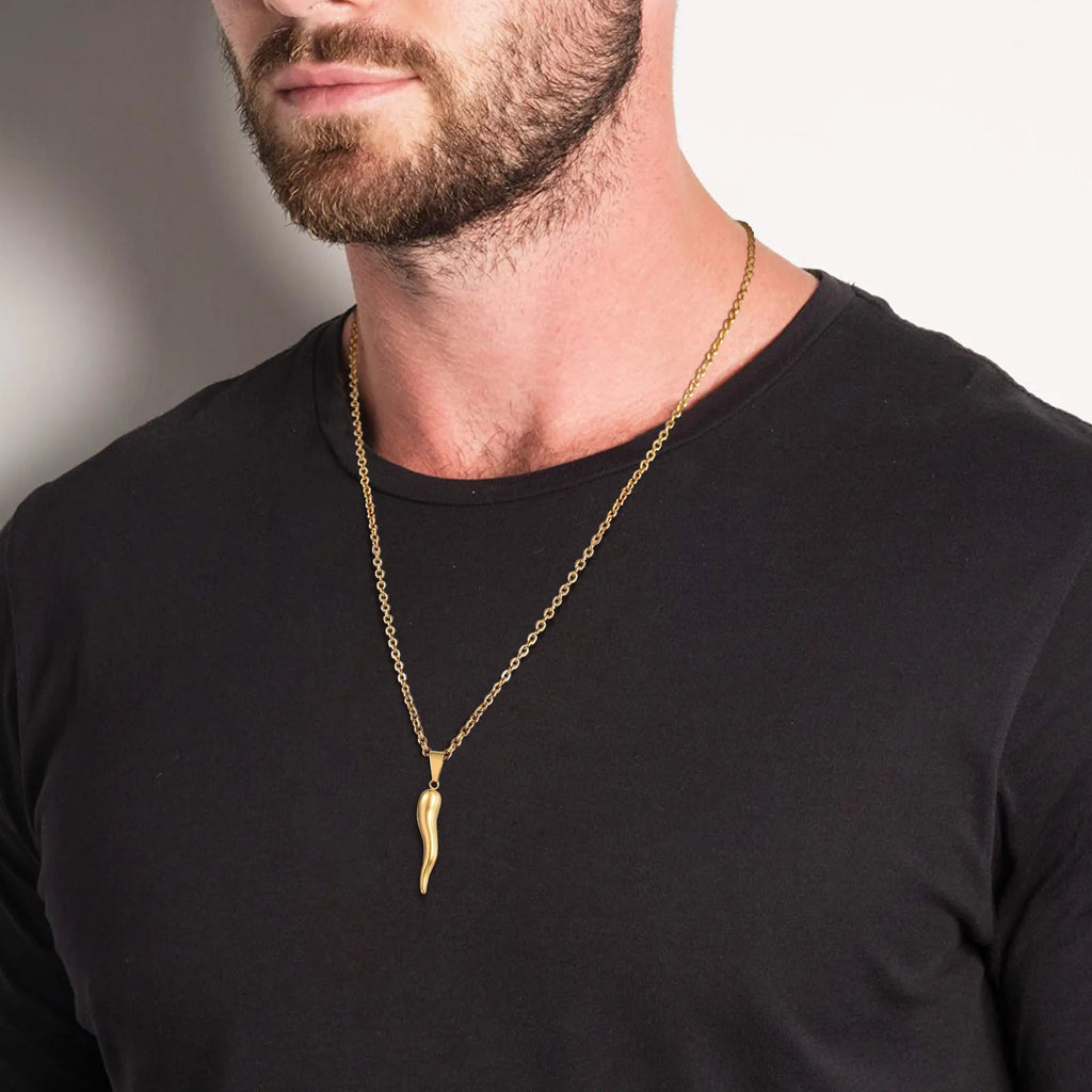 Italian Horn Charm Pendant Necklace — Stainless Steel