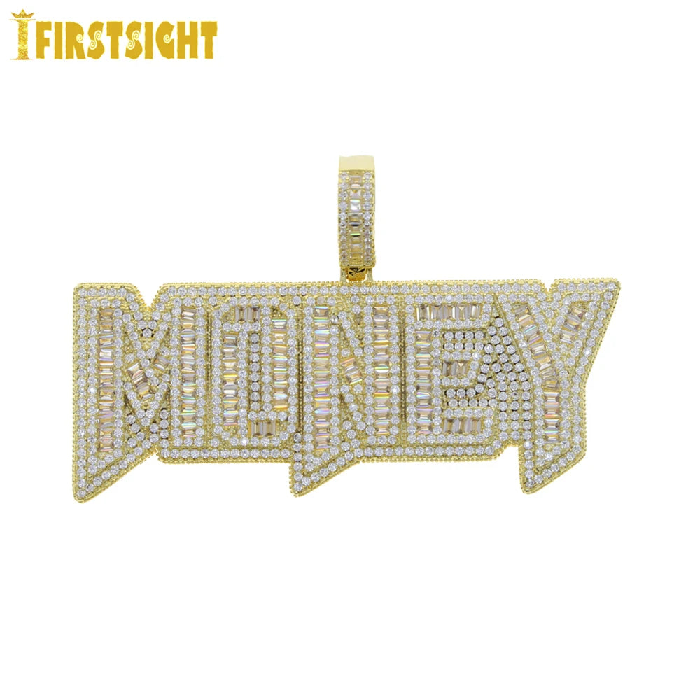 New Iced Out Bling Crown Letters Money Pendant Necklace Two Tone Color CZ Zircon Dollar Symbol Necklaces Men's Hip Hop Jewelry