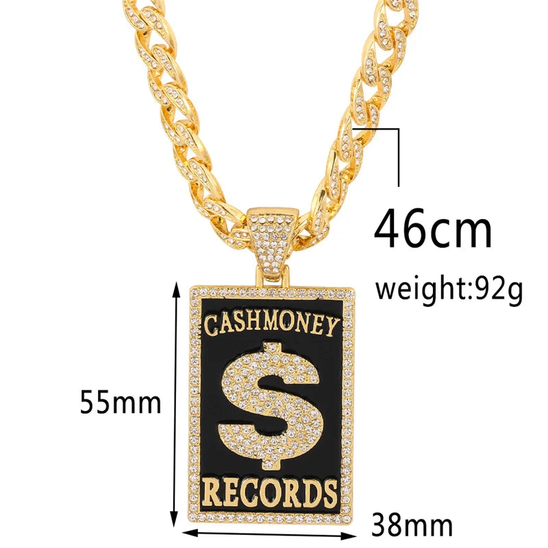 Goth Dollar Sign 'Cash Money Records' Iced out Pendant Necklace with Cuban Chain Hip Hop Jewelry for Street Style Rapper Gift