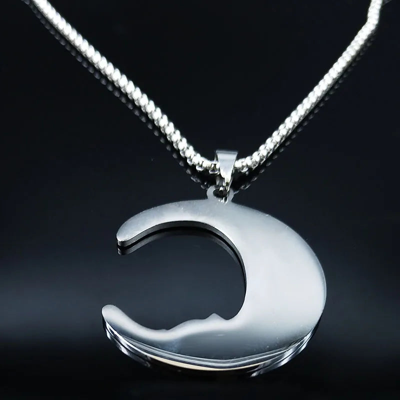 Moon Cat Black Enamel Necklace — Silver