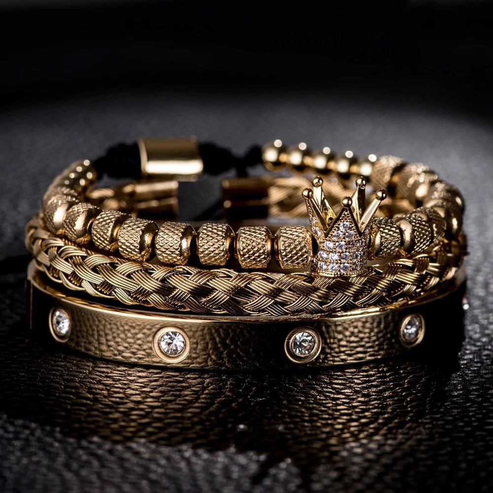 Luxury Micro Pave CZ Crown Roman Royal Charm Men Bracelets Stainless Steel Crystals Bangles Couple Jewelry Gift