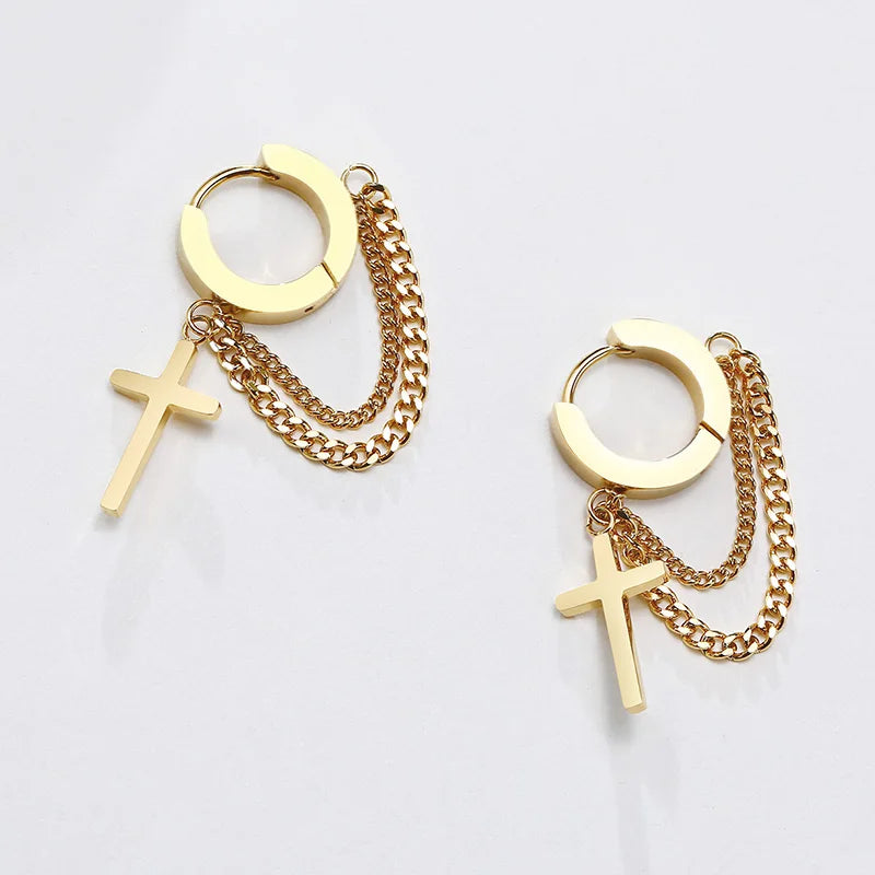 Cross Huggie Hoop Earrings — Stainless
