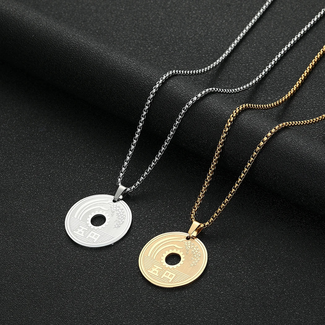CHENGXUN Lucky Japanese Coin Necklace Mens Womens 5 Yen Coin Pendant Necklace Vintage Stainless Steel Good Luck Jewelry Gift