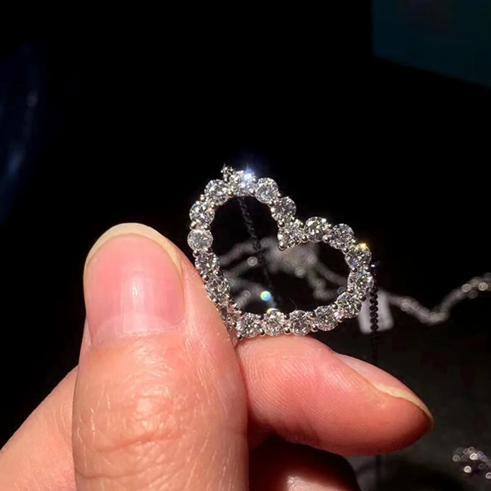 Huitan Delicate Hollow Heart Pendant Necklace Shiny Round Zircon Bridal Marriage Jewelry Versatile Statement Necklaces