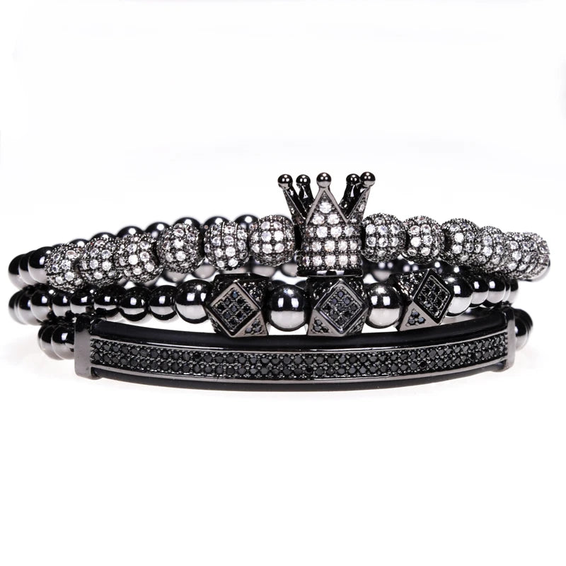 3pcs/Set Luxury Gold Color Beads Royal King Crown Dice Charm CZ Ball Bracelet Mens Fashion Bracelets & Bangles Multi
