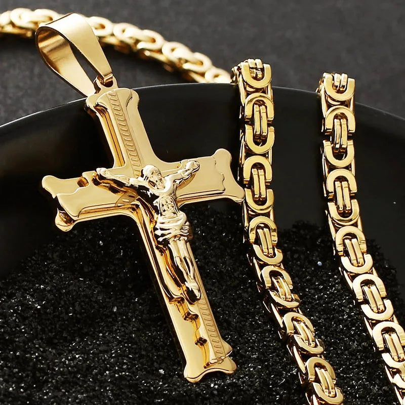 Stainless Steel Crucifix Jesus Byzantine Link Chain Necklace Fish Bone Pattern Cross Pendant Necklace Catholic Jewelry
