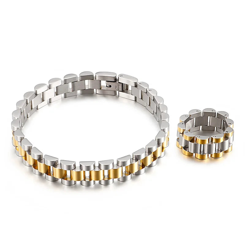 10MM Wide Watch Strap Chain Bracelet Men Luxury Gold Color Stainless Steel Bracelets For Women Finger Ring Men's Single