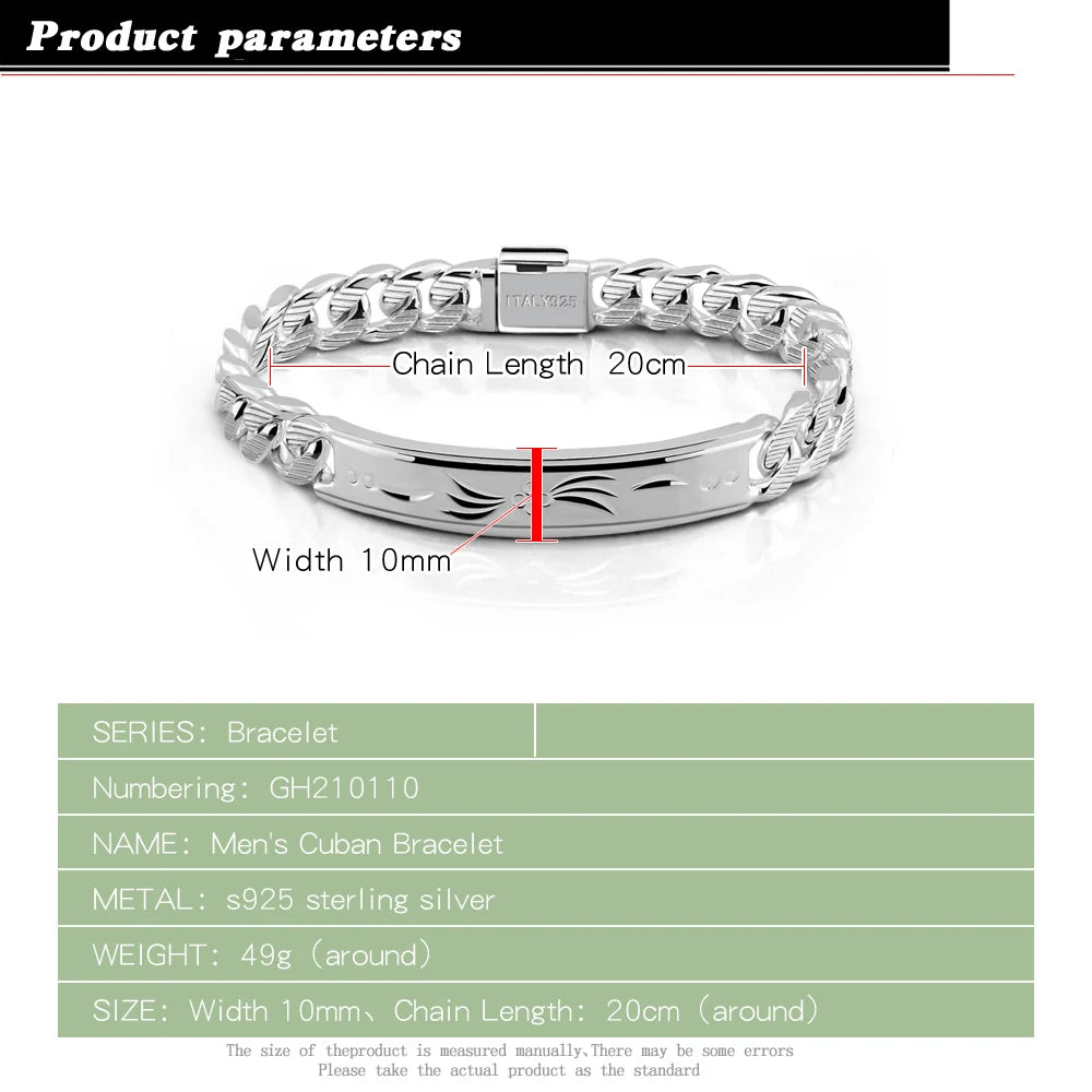 Fashion 925 Sterling Silver Bracelet for Men Male Cool Rock Punk Style Bracelet 100% Solid silver 10 mm 20 cm Bracelet