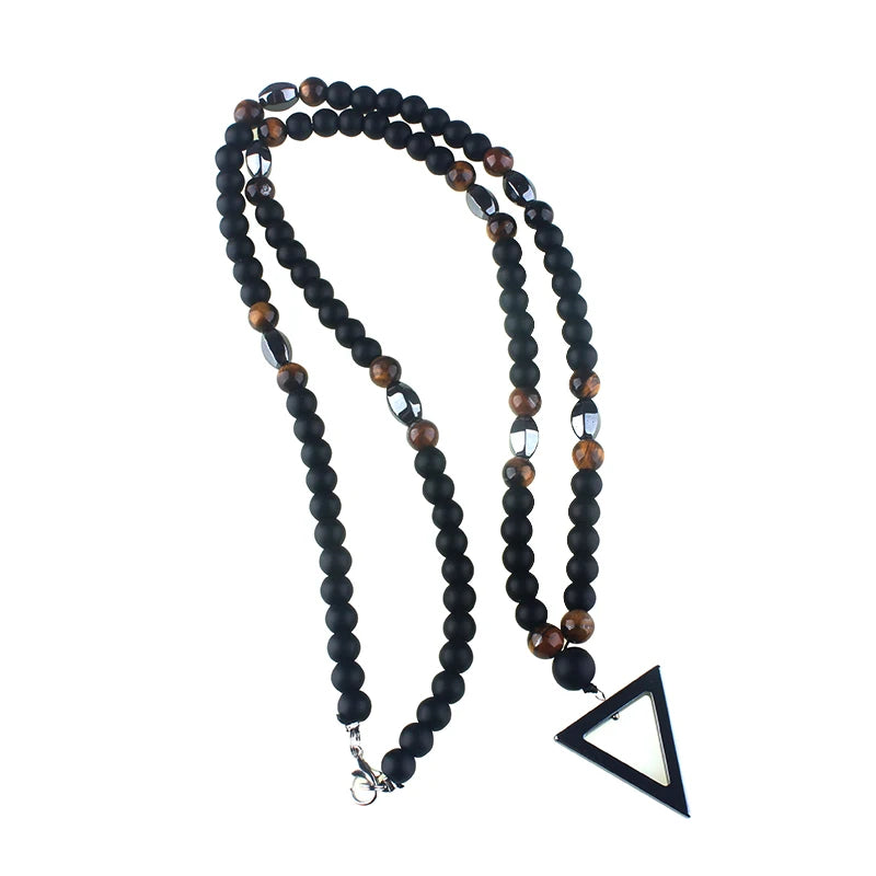 Retro Black Long Necklace Tiger-Eye Stone Beads with Triangle Pendant for Men and Women Natural Jewelry Fashion Gift