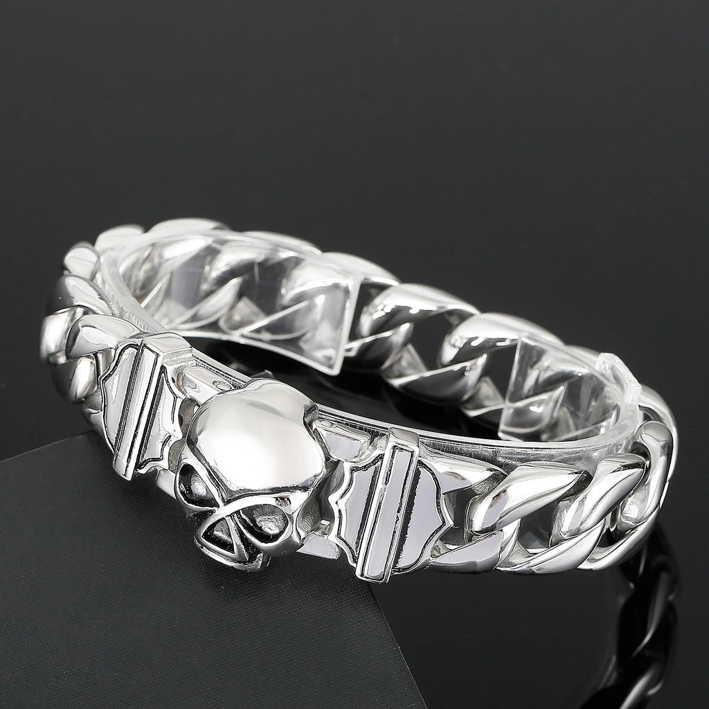 Fongten 22cm Skull Cuban Chain Bracelets For Men Stainless Steel Skeleton Curb Men Bangle Bracelet Gothic Jewelry Christmas