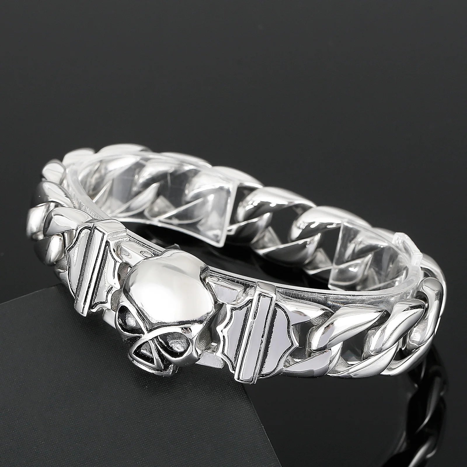 Fongten 22cm Skull Cuban Chain Bracelets For Men Stainless Steel Skeleton Curb Men Bangle Bracelet Gothic Jewelry Christmas