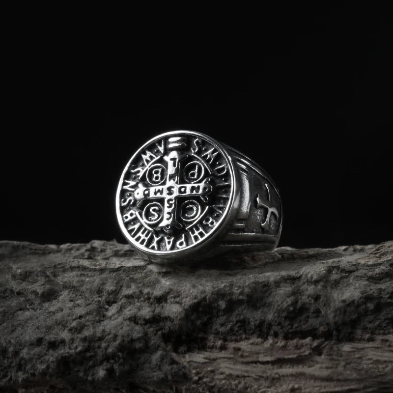 Saint Benedict Cross Men Rings Punk Hip Hop for Boyfriend Male Stainless Steel Jewelry Creativity Gift Wholesale