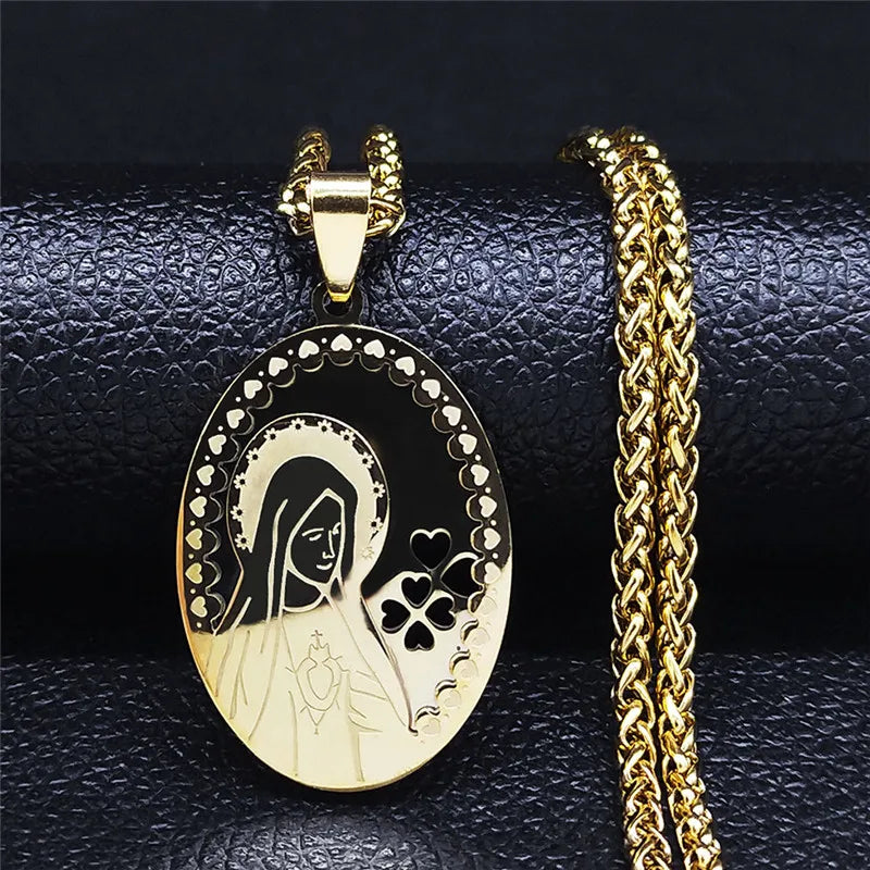 Double Layer Stainless Steel Virgin Mary Medal Pendant Necklace Women/Men Gold Color Long Chain Necklaces Jewelry