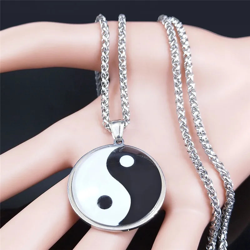 Yin Yang Glass Pendant — Silver Stainless