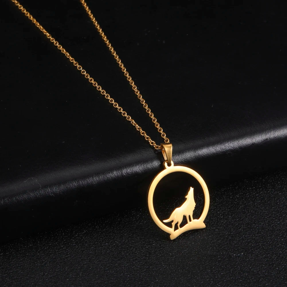 My Shape Punk Wolf Stainless Steel Necklace for Women Men Hollow Animal Wolf On The Hill Pendant Chain Choker Fashion Jewelry