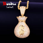 Men's Dollar Bag Pendant Necklace Gold Color Bling Cubic Zircon Hip Hop Rock Jewelry