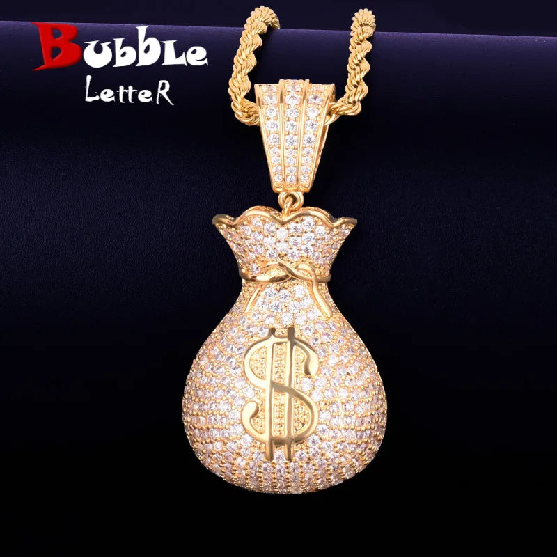 Men's Dollar Bag Pendant Necklace Gold Color Bling Cubic Zircon Hip Hop Rock Jewelry