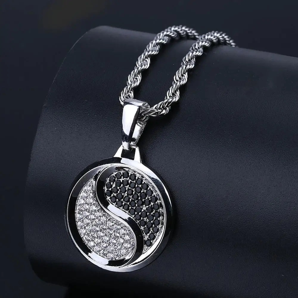 Iced Out Yin Yang Tai Chi Round Pendant Necklace
