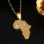 African Map Pendant Necklace — Gold-Tone, Engraved City Names