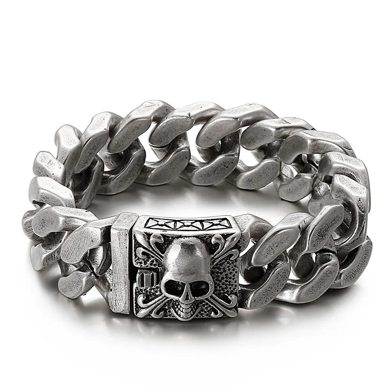 Fongten Gothic Skull Bracelets For Men Ancient Silver Color Stainless Steel Cuban Chain Heavy Bracelet Bangle Jewelry Wholesale