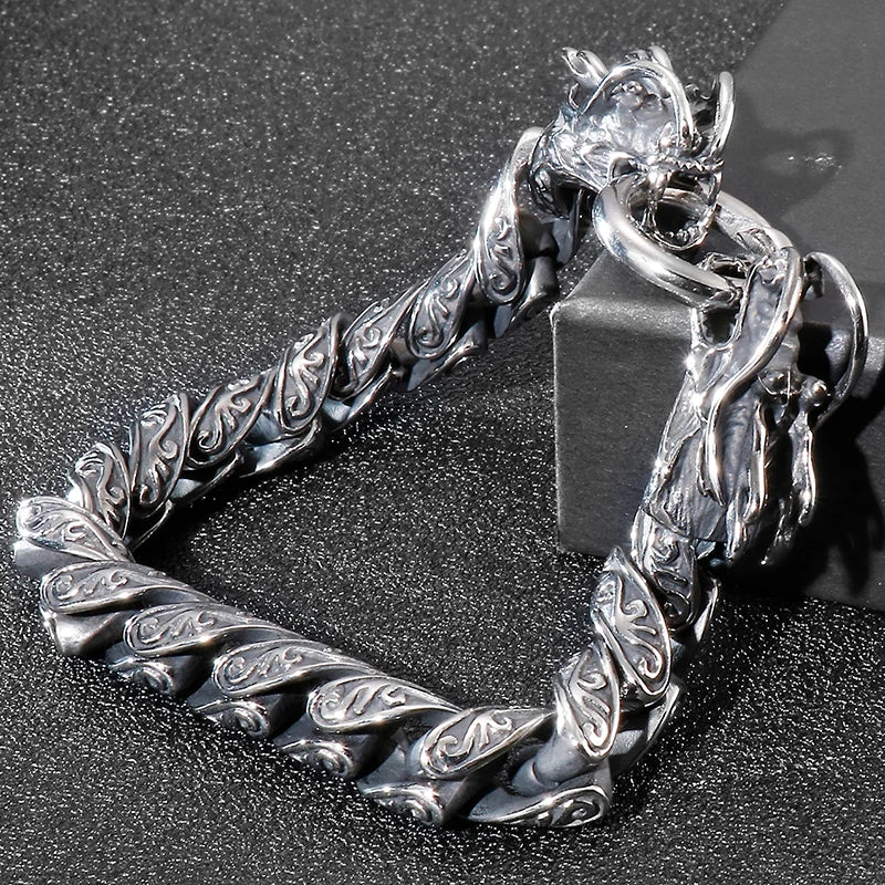 Vintage Chain Link Man Bracelet With Double Dragon Heads Solid Stainless Steel Friendship Men's Bracelets Old Metal