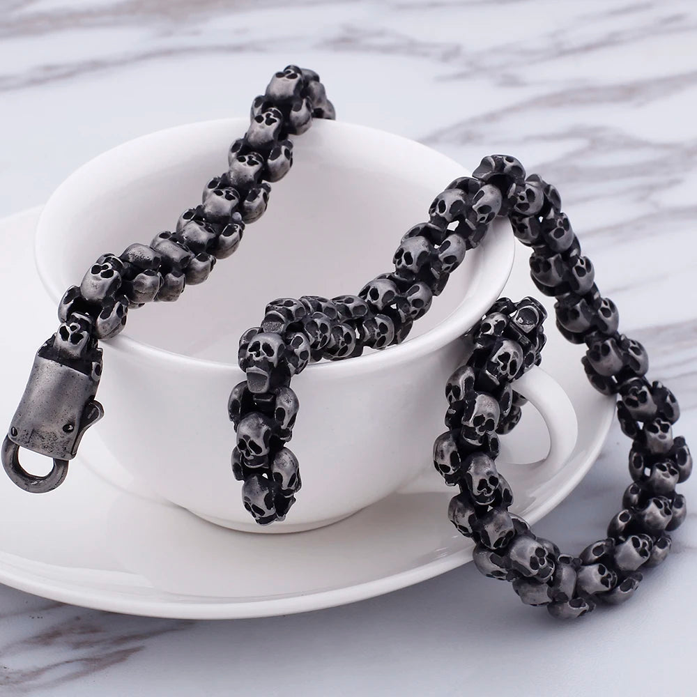 12MM Wide Stainless Steel Mens Skull Link Chain Necklace Men Punk Gothic Choker Skeleton Bracelet Men Man 50 70CM Long