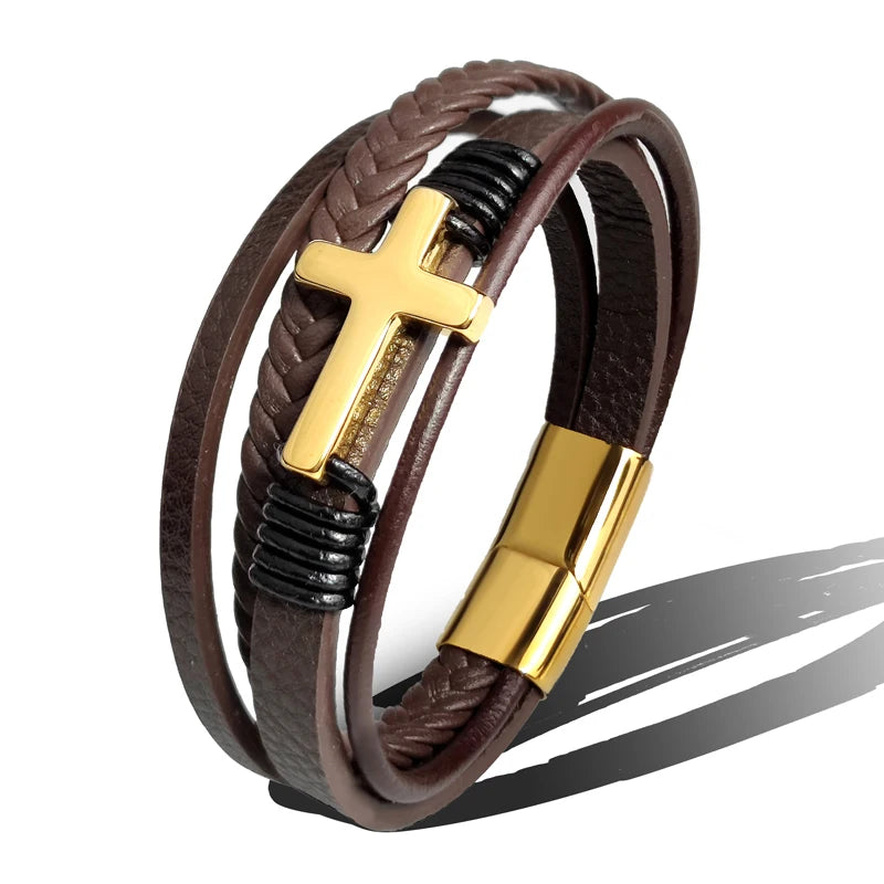 Charm Stainless Steel Leather Cross  Brown/black Bracelet Men Hiphop Jewelry Magnetic Clasp Mutilayer Male Cuff Wrap Bangle Gift