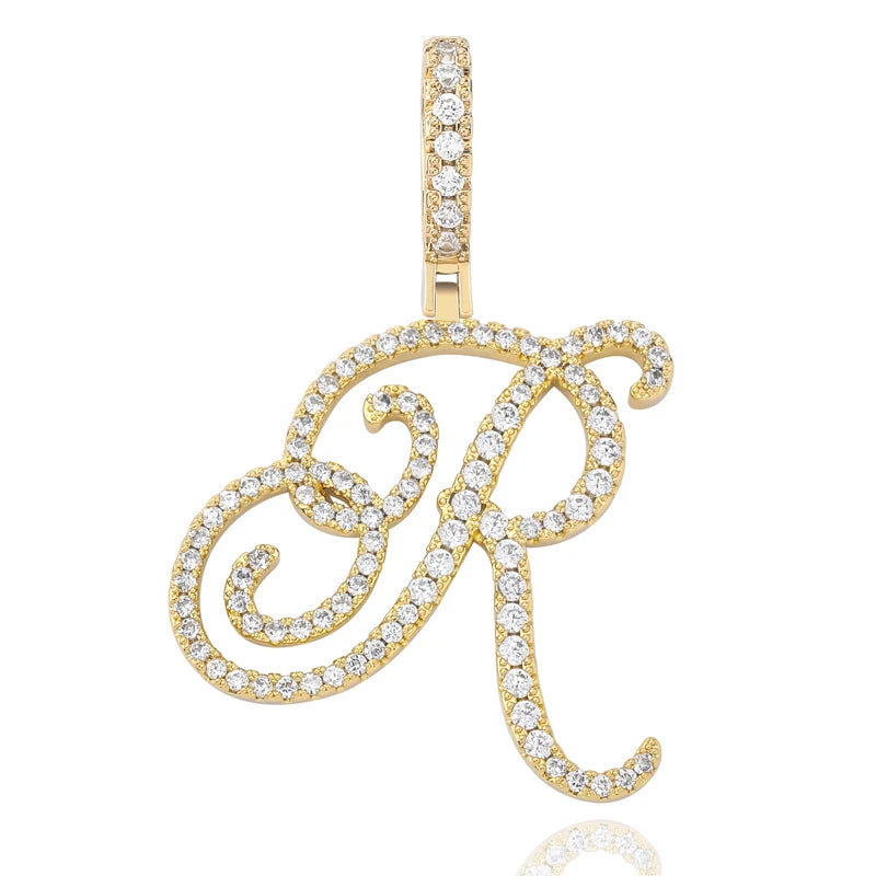 TOPGRILLZ New A-Z Cursive Letters Name Pendant&Necklace Iced Out Cubic Zircon Gold Silver Color Charm  Hip Hop Jewelry