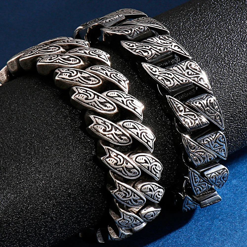 Heavy 316L Stainless Steel Men's Bracelet Vintage Pattern Link Chain Hand Bracelets for Man Massive Male Jewelry