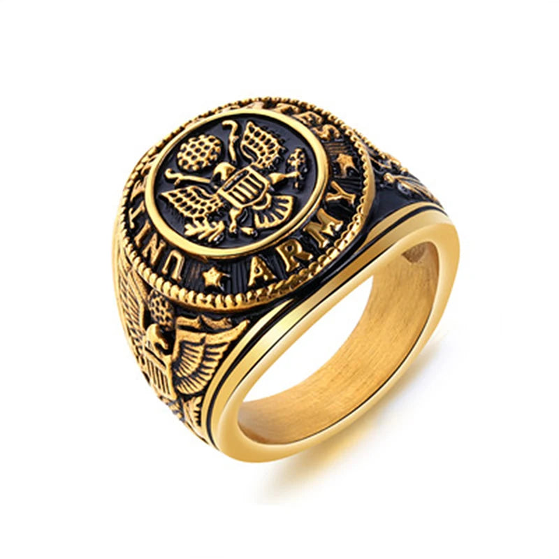 Vintage US Army Military Ring Mens Gold/Silver Color Stainless Steel US Army Ring Marine Corps Eagle Ring Male Fashion