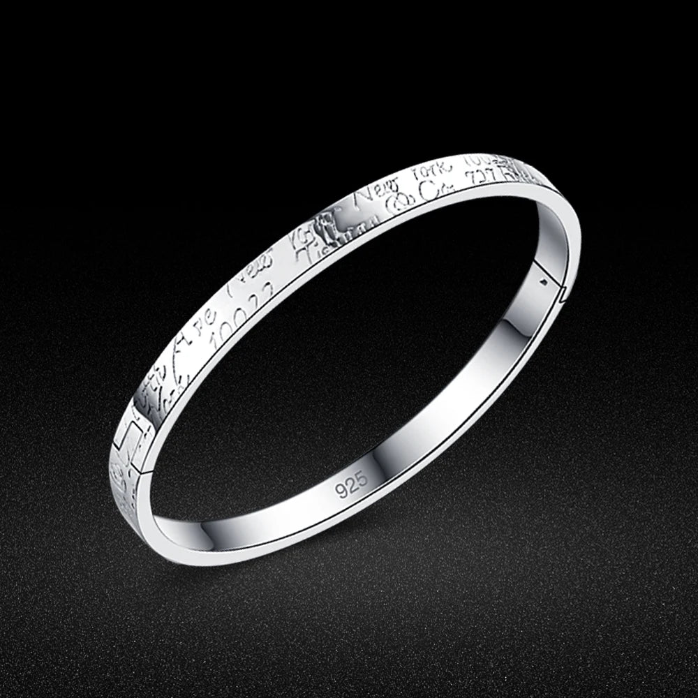 Blessing Inscription Letter Engraved Bracelet Bangle for Women Unisex Fine 925 Sterling Silver Clasp Fit Bracelet Jewelry Gift