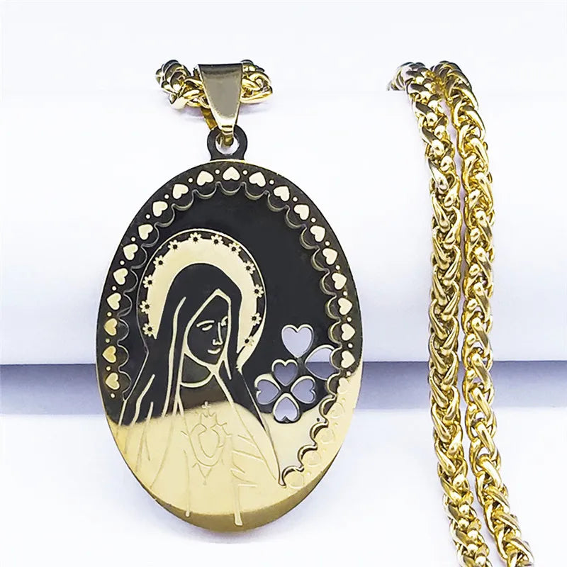 Double Layer Stainless Steel Virgin Mary Medal Pendant Necklace Women/Men Gold Color Long Chain Necklaces Jewelry