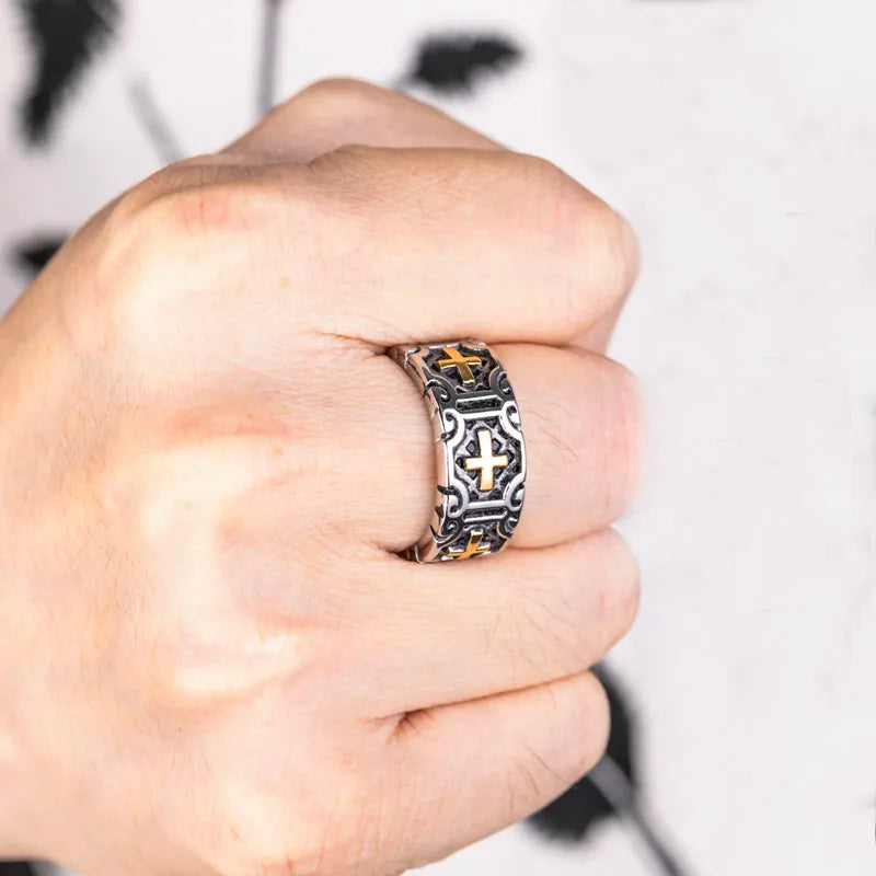 Valily Classic Retro Christian Jesus Cross Ring Stainless Steel Christian Believers Punk Rock Men's Round Rings Band