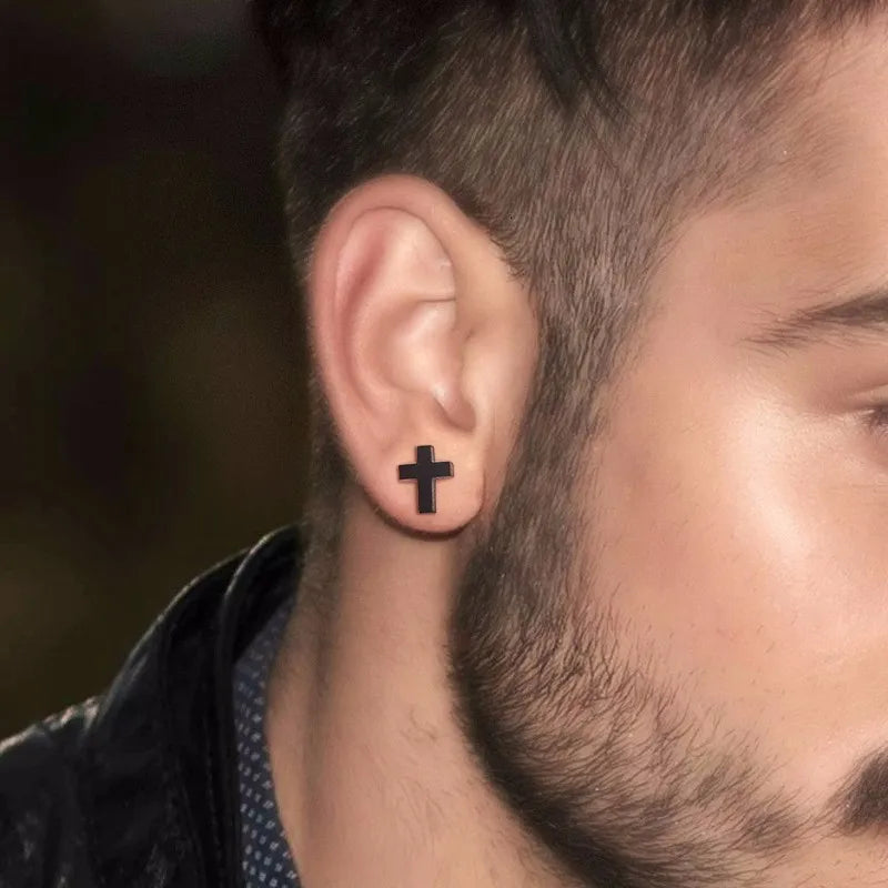 Cross Black Minimal Stud Earrings — Stainless Steel