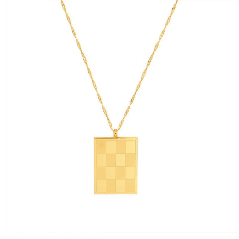 Checkered Square Pendant Necklace — Stainless Steel