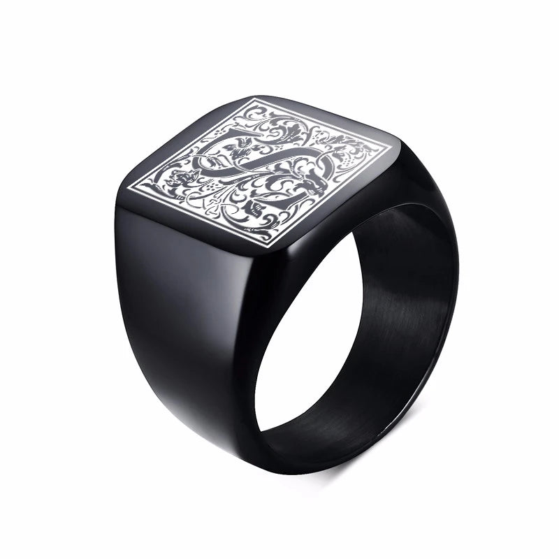 Monogram Black Signet Ring — Stainless Steel