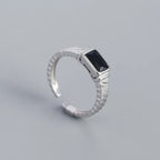 WANTME Silver Men Ring Punk Black Square 925 Sterling Silver Gothic Adjustable Rings for Women Simple Fine Hip Hop