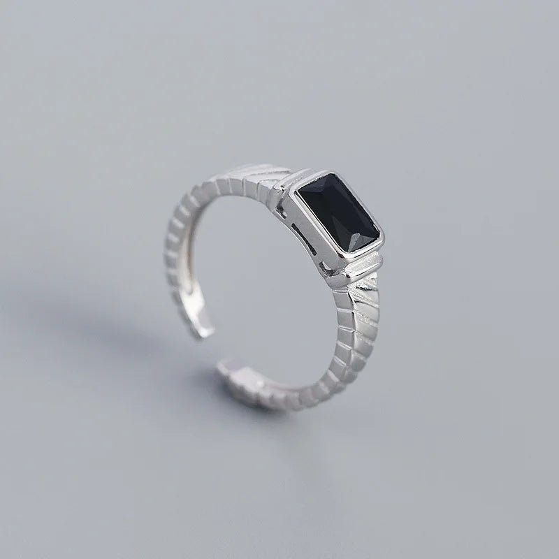 WANTME Silver Men Ring Punk Black Square 925 Sterling Silver Gothic Adjustable Rings for Women Simple Fine Hip Hop