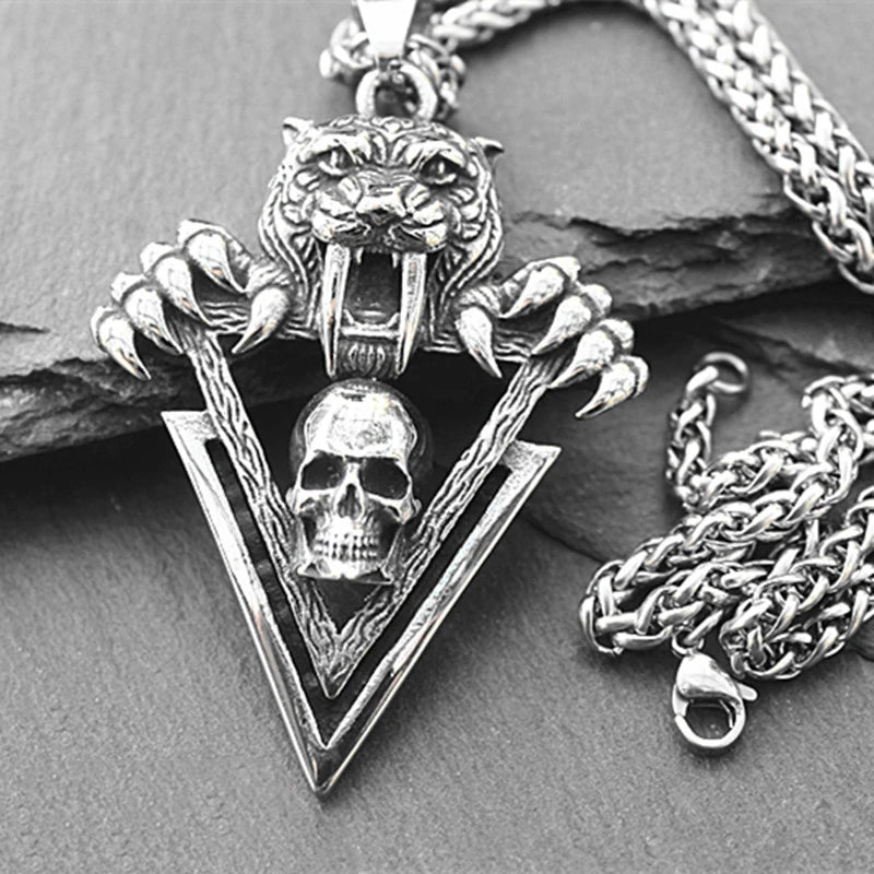 Tiger Tooth Skull Pendant Necklace — Stainless Steel