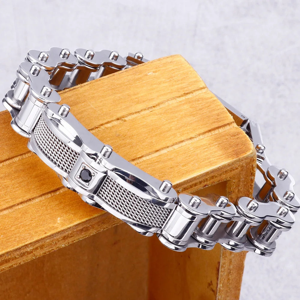 Rock And Roll CZ & 316L Stainless Steel Cast Metal Bicycle Chain Men's Bracelets For Man Boys Biker Jewellery