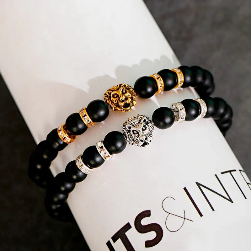 Classic Lion Head Beaded Bracelet — Black Matte & Color Beads